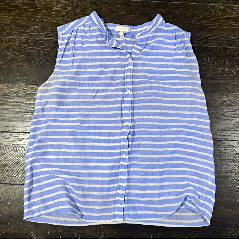 J.CREW Womens Blouse 6 Blue White Striped V-Neck Sleeveless Button Front
